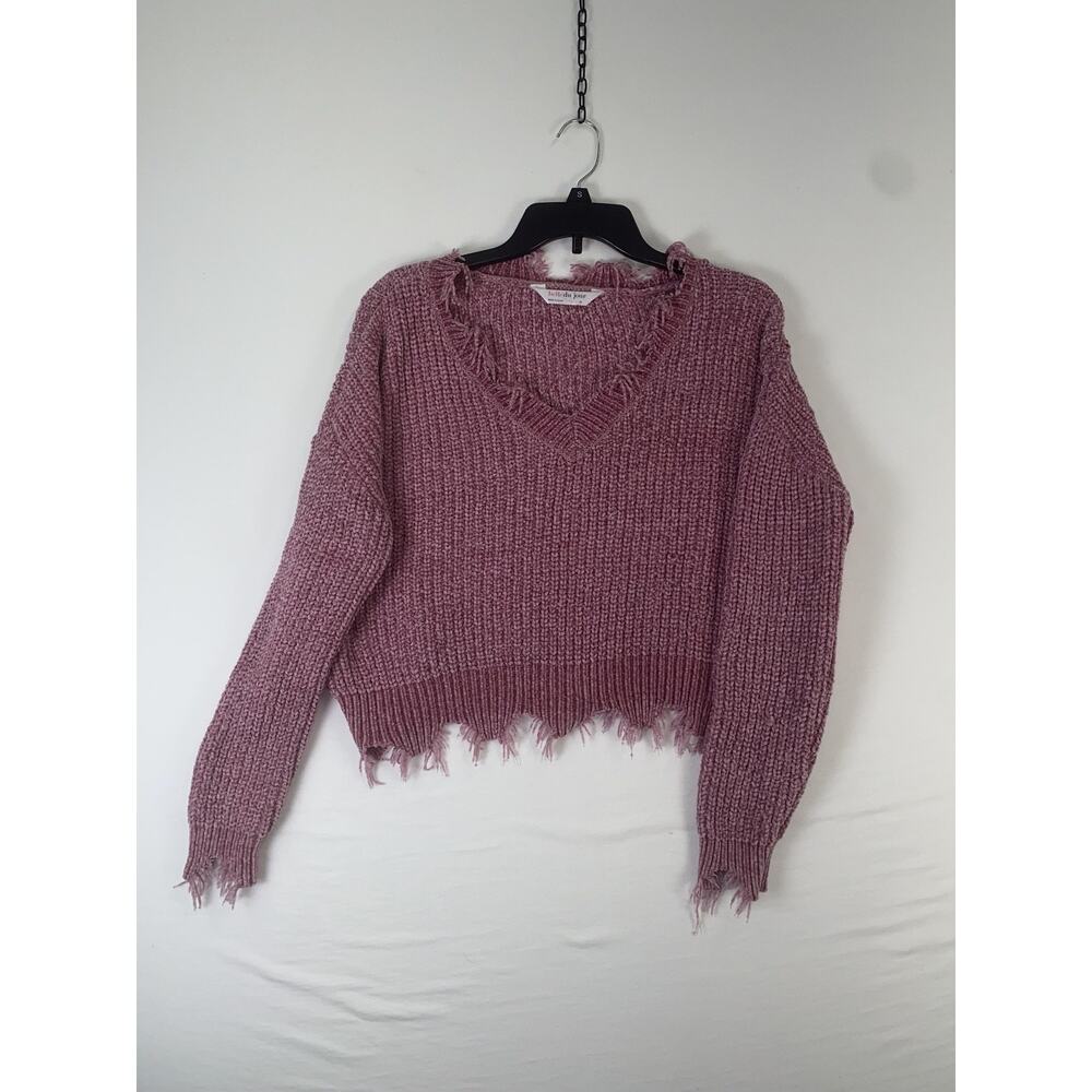 Belle Du Jour Sweater Womens Medium Pink Distressed Fringe V Neck Pullover